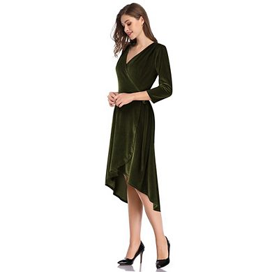 Women's Formal Velvet Cocktail Dress, V-Neck, Long Sleeves for Parties, Army Green