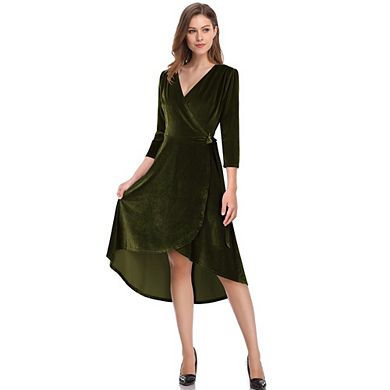 Women's Formal Velvet Cocktail Dress, V-Neck, Long Sleeves for Parties, Army Green