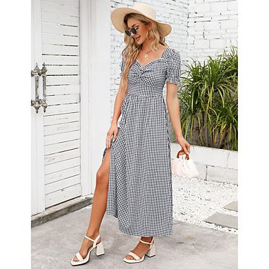 Women's Summer Dress Square Neck Short Sleeve Ruffle Smocked Beach A Line Maxi Dress Red