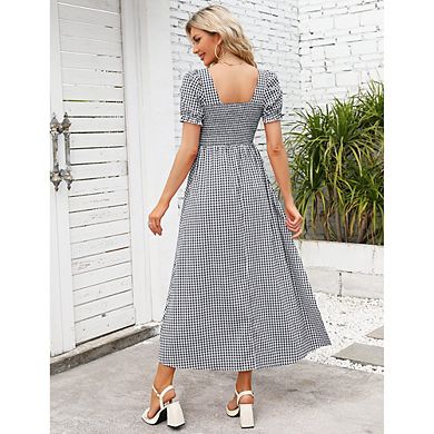 Women's Summer Dress Square Neck Short Sleeve Ruffle Smocked Beach A Line Maxi Dress Red