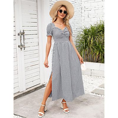 a line summer dress for women Women's Summer Dress Square Neck Short Sleeve Ruffle Smocked Beach A Line  Maxi Dress Red