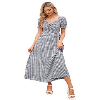 Women's Summer Dress Square Neck Short Sleeve Ruffle Smocked Beach A Line Maxi Dress Red