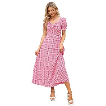 Women's Summer Dress Square Neck Short Sleeve Ruffle Smocked Beach A Line Maxi Dress Red