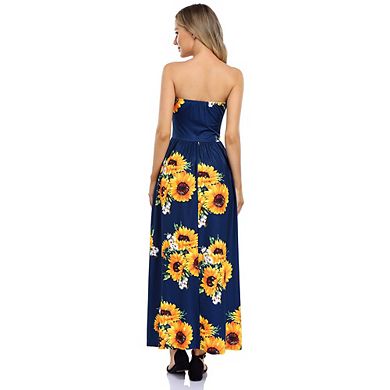 Women Slim Fit Pleated Tube Dresses Strapless Wrapped Waist Flower Maxi Dress