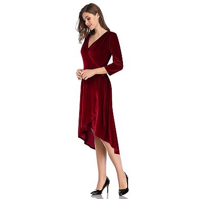 Wine Red Velvet Dress for Women Long-sleeved V-Neck Formal Cocktail Party Dress Wrap Dress