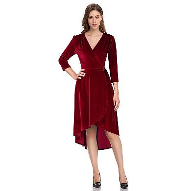 Wine Red Velvet Dress for Women Long-sleeved V-Neck Formal Cocktail Party Dress Wrap Dress