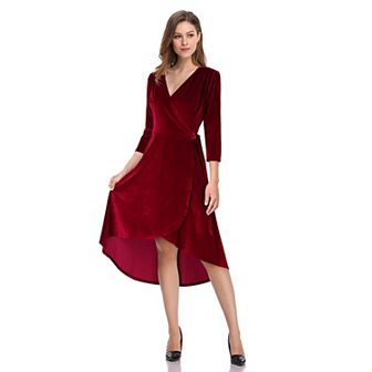 Wine Red Velvet Dress for Women Long-sleeved V-Neck Formal Cocktail Party Dress Wrap Dress