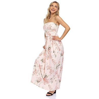 Women Slim Fit Pleated Tube Dresses Strapless Wrapped Waist Flower Maxi Dress