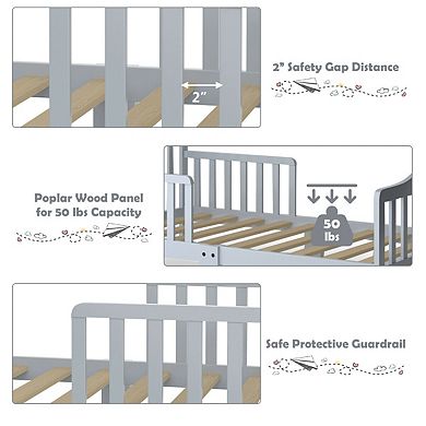 Classic Design Kids Wood Toddler Bed Frame with Two Side Safety Guardrails