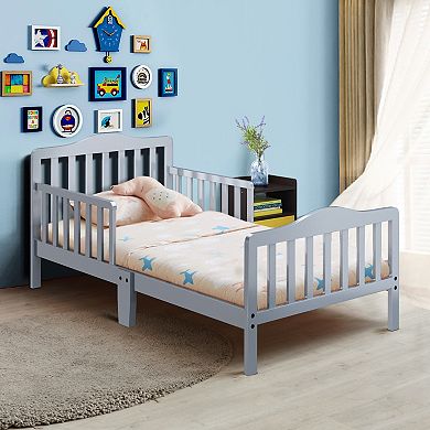 Classic Design Kids Wood Toddler Bed Frame with Two Side Safety Guardrails