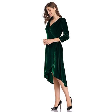 Women's Velvet Cocktail Dress, Elegant V-Neck Long Sleeve Dress for Special Occasions, Dark Green