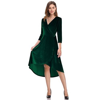 Women's Velvet Cocktail Dress, Elegant V-Neck Long Sleeve Dress for Special Occasions, Dark Green