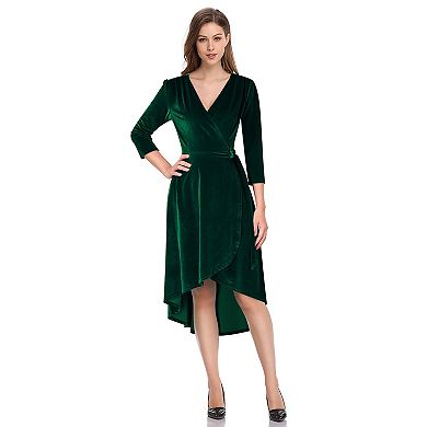 Women's Velvet Cocktail Dress, Elegant V-Neck Long Sleeve Dress for Special Occasions, Dark Green