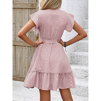 Women's Summer Polka Dot Dress Ruffle Sleeve A-Line Midi with Tie Waist