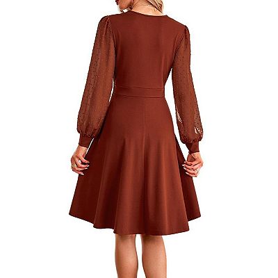 Womens Long Sleeve Business V Neck Dresses Empire Waist A Line Fall Casual Dress