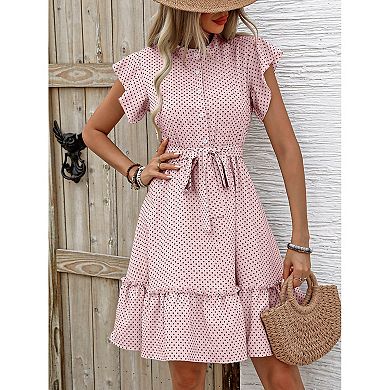 Women's Summer Polka Dot Dress Ruffle Sleeve A-Line Midi with Tie Waist