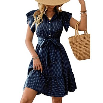Women's Summer Polka Dot Dress Ruffle Sleeve A-Line Midi with Tie Waist