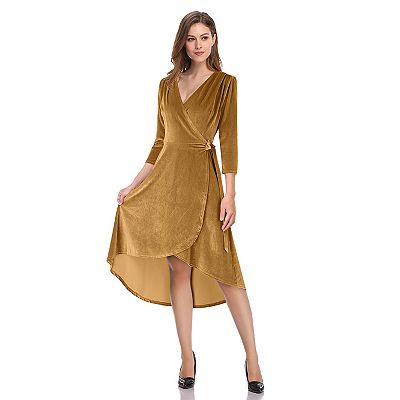 Women's Elegant Velvet Cocktail Dress Set, Gold V-Neck Long