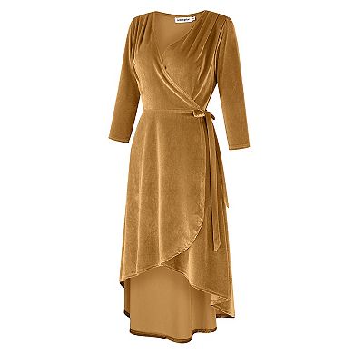 Women's Elegant Velvet Cocktail Dress Set, Gold V-Neck Long Sleeve Dress for Special Occasions
