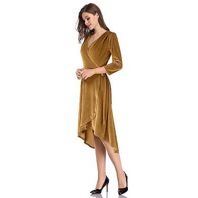 Women's Elegant Velvet Cocktail Dress Set, Gold V-Neck Long Sleeve Dress for Special Occasions