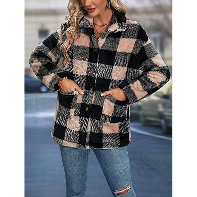 Women Casual Plaid Flannel Fake Jacket Oversized Long Sleeve Coat Button Down Shirts Tops