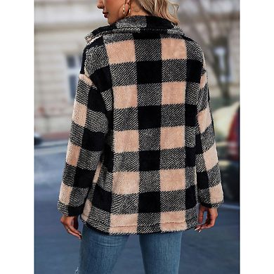 Women Casual Plaid Flannel Fake Jacket Oversized Long Sleeve Coat Button Down Shirts Tops