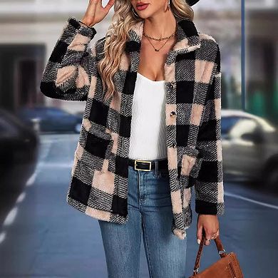 Women Casual Plaid Flannel Fake Jacket Oversized Long Sleeve Coat Button Down Shirts Tops