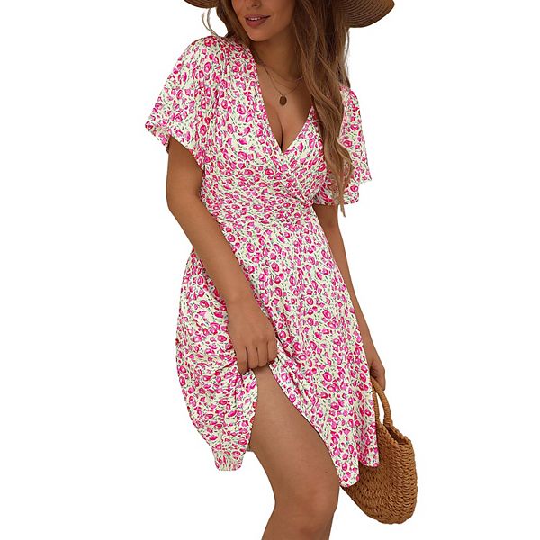 SCOMCHIC Women's Plus Size Long Sleeve Wrap V Neck Tie Waist A Line Mini Short Dress