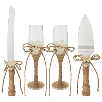 4 pc Set Rustic-style Wedding Cake Knife And Server Set With Champagne Glasses