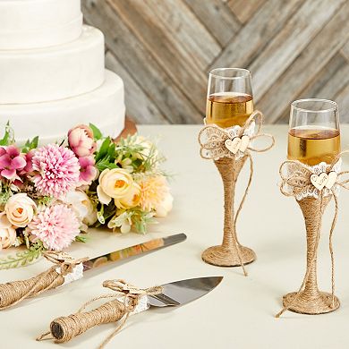 4 Pcs Set Rustic-style Wedding Cake Knife And Server Set With Champagne Glasses