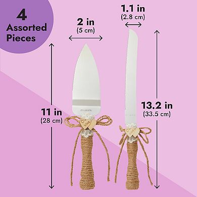 4 Pcs Set Rustic-style Wedding Cake Knife And Server Set With Champagne Glasses