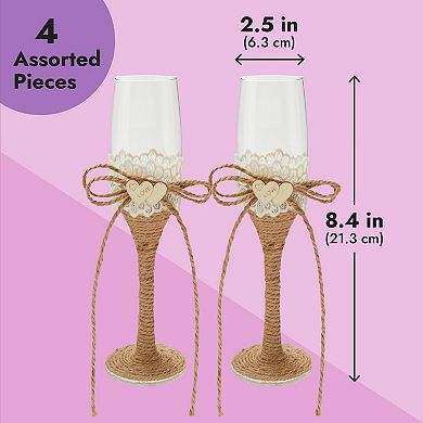 4 Pcs Set Rustic-style Wedding Cake Knife And Server Set With Champagne Glasses