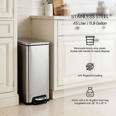 11.9 Gal./ 45 L + Two 1.6 Gal./6 L Rectangular Step-on Trash Can Set for Bathroom and Kitchen