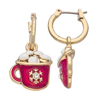Napier Gold Tone Hot Cocoa Mug Hoop Drop Earrings