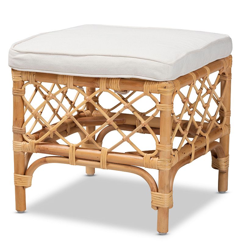 Orchard Fabric Upholstered and Rattan Ottoman White/Natural - bali & pari