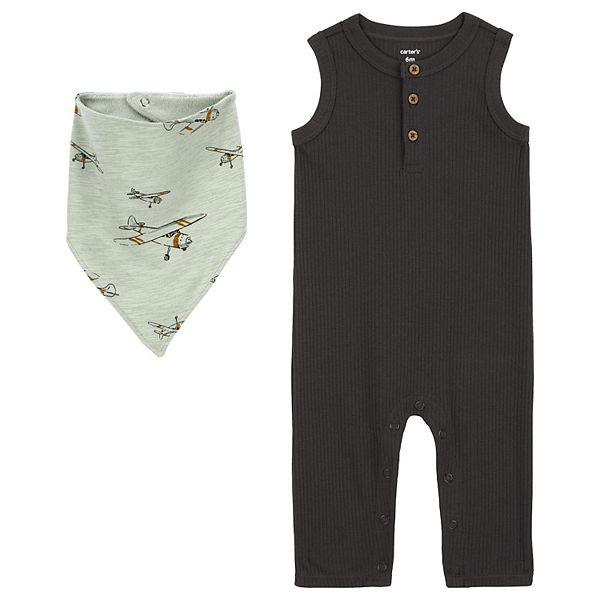 Baby Carter's 2-Piece Drop Needle Jumpsuit & Bandana Bib Set - Charcoal Gray (NEWBORN)
