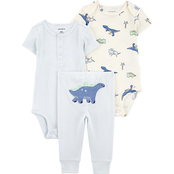 Baby Carter's 3-Piece Dinosaur Bodysuits and Pants Little Outfit Set - Blue Stripe Dino (12 MONTHS)