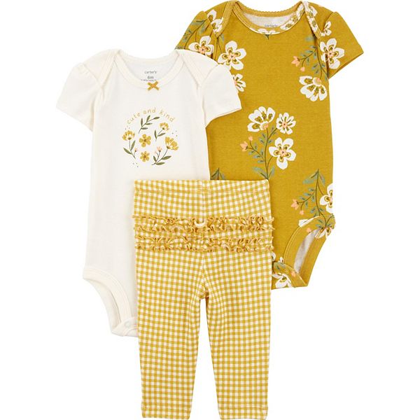 Baby Carter's 3-Piece Floral Bodysuits and Pants Little Outfit Set - Ivory Mustard Floral (12 MONTHS)