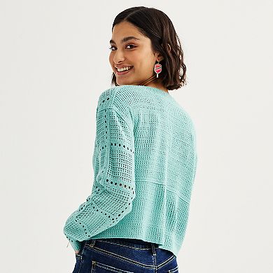 Juniors' SO® Button Front Crochet Cardigan