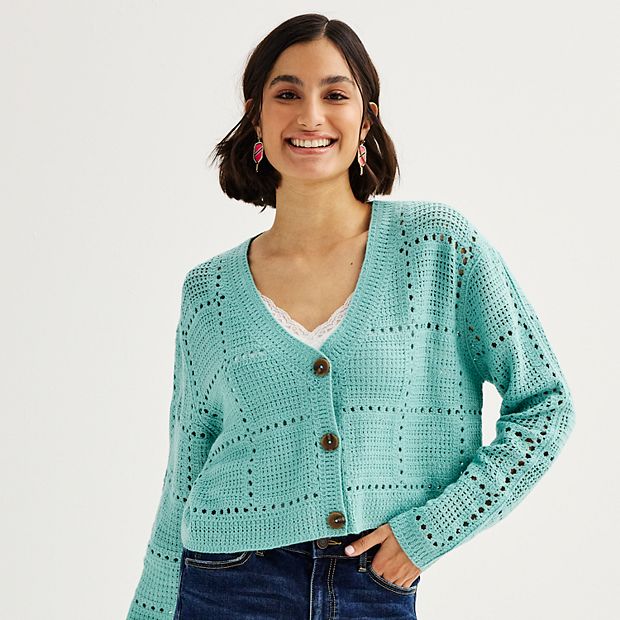 Juniors' SO® Button Front Crochet Cardigan