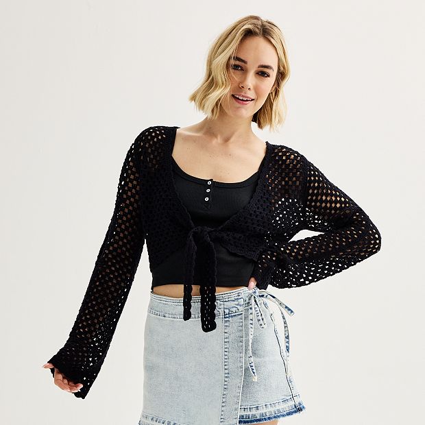 Juniors' SO® Tie Front Crochet Cardigan