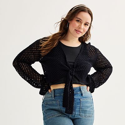 Juniors Plus Size SO Tie Front Crochet Cardigan