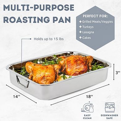 Premium Stainless Steel Roasting Pan with Rack, 18 inch