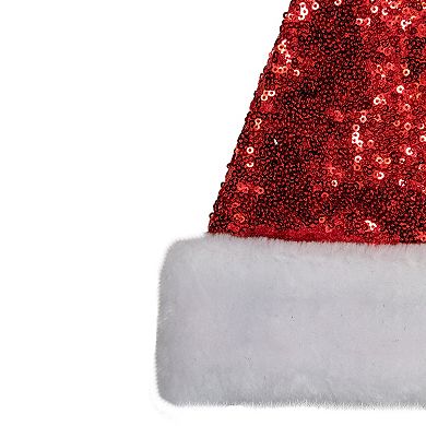 15-Inch Red and White Sequin Christmas Santa Claus Hat-Adult Size M