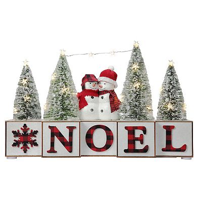 NOEL Blocks with Snowmen and Trees, LED Lights, 15 Inches Long