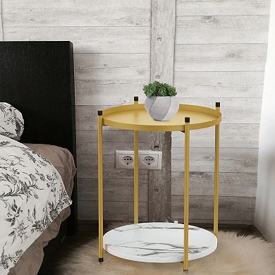 21 inch Tall Gold Top End Table with  Iron Removable Tray