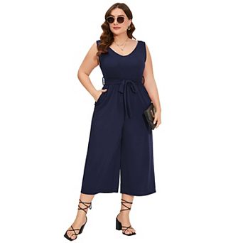 Women's Plus Size V Neck Rompers Ruffle Sleeve Belted Wide Leg Pants Summer Casual Long Jumpsuit