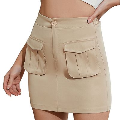 Women Cargo Mini Skirts Summer Casual Slim Fit High Waist Button Skirt with Pocket