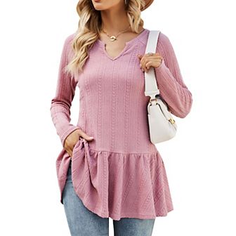 Womens Notch V Neck Ruffle Hem Tunic Long Sleeve Textured Ribbed Knit Henley Shirt Peplum Blouse