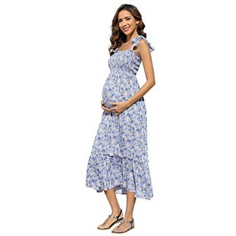 Women's Maternity Smocked Dress Sleeveless Spaghetti Strap Boho Dress Casual Summer Maxi Dress